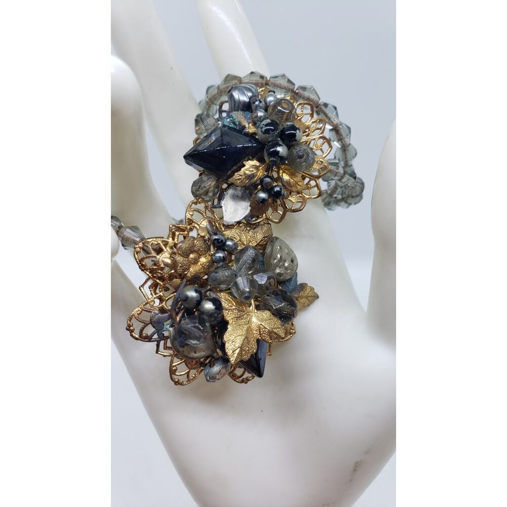 Vintage Bracelet Wrap Around Glass Bead Rhinestone Filigree Haskell Style 1950s